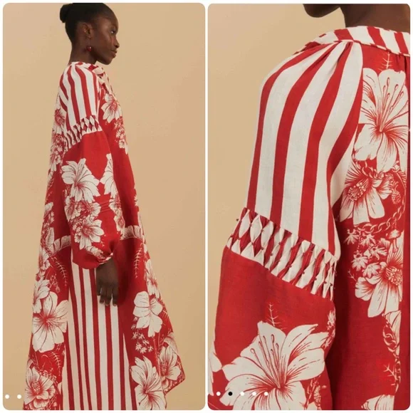strapless open back dress Red Floral Chains Stripes Midi Dress  FARM Rio